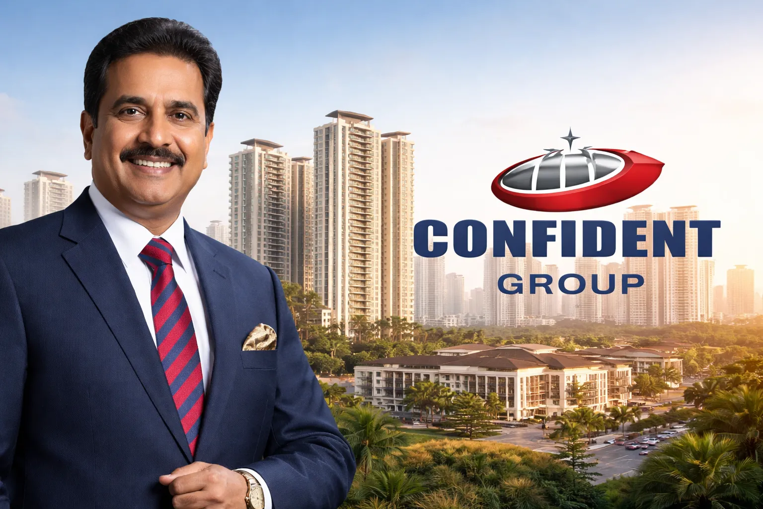 Portrait of Dr. C. J. Roy, Founder of Confident Group, standing in a formal suit with modern high-rise buildings in the background and the Confident Group logo, symbolizing leadership in real estate.
