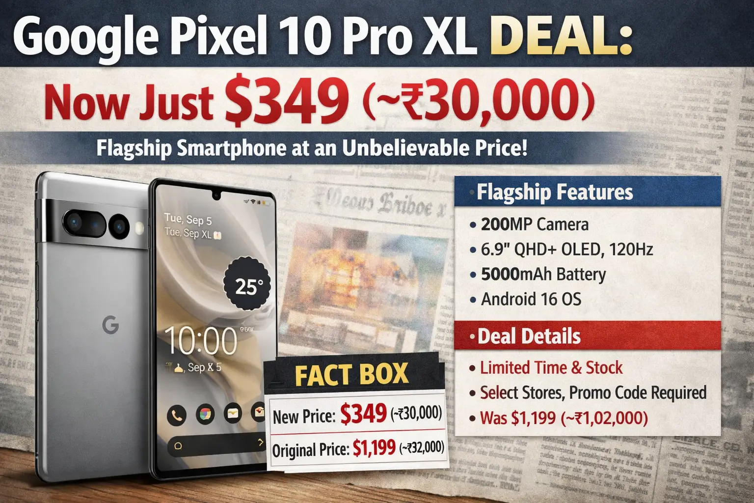 A realistic digital graphic of the Google Pixel 10 Pro XL smartphone on a sleek table, highlighting the phone’s design and screen. The image features a bold headline “Google Pixel 10 Pro XL DEAL: Now Just $349 (~₹30,000)” with key features like 200MP camera, 6.9" OLED display, 5000mAh battery, and Android 16 OS listed. A “Fact Box” shows the new price and original price, emphasizing the limited-time discount.