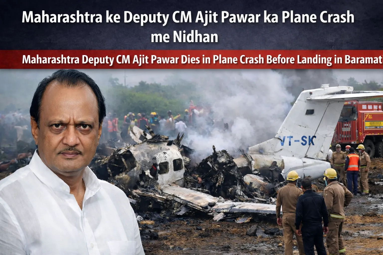 महाराष्ट्र के डिप्टी CM अजीत पवार का बारामती में प्लेन क्रैश में निधन, लैंडिंग से पहले हादसा। पढ़ें पूरी खबर, हादसे की जानकारी, विमान और VSR एविएशन कंपनी के बारे में। Maharashtra Deputy CM Ajit Pawar dies in a plane crash in Baramati before landing. Read the full news, details of the crash, aircraft, and VSR Aviation company.