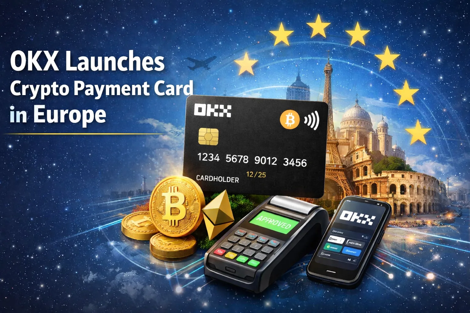 OKX Crypto Payment Card launch in Europe featuring digital card, Bitcoin symbol, payment terminal and European landmarks