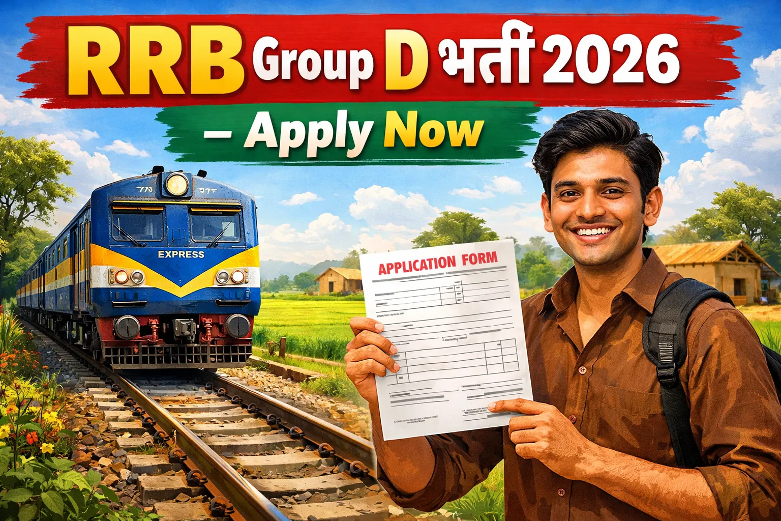 RRB Group D Recruitment 2026 – Indian railway tracks with a happy candidate holding application form, colorful village-style background, Apply Online text in Hindi
