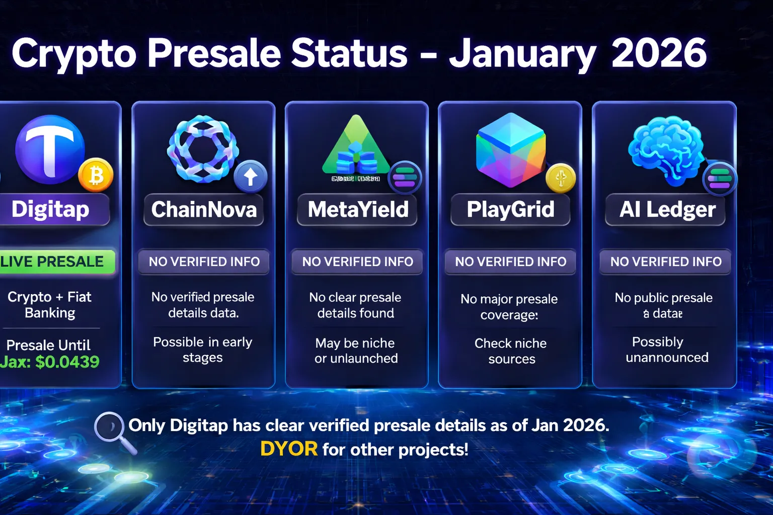 Crypto presale status January 2026 showing Digitap live presale and unverified info for ChainNova, MetaYield, PlayGrid, AI Ledger with DYOR reminder"