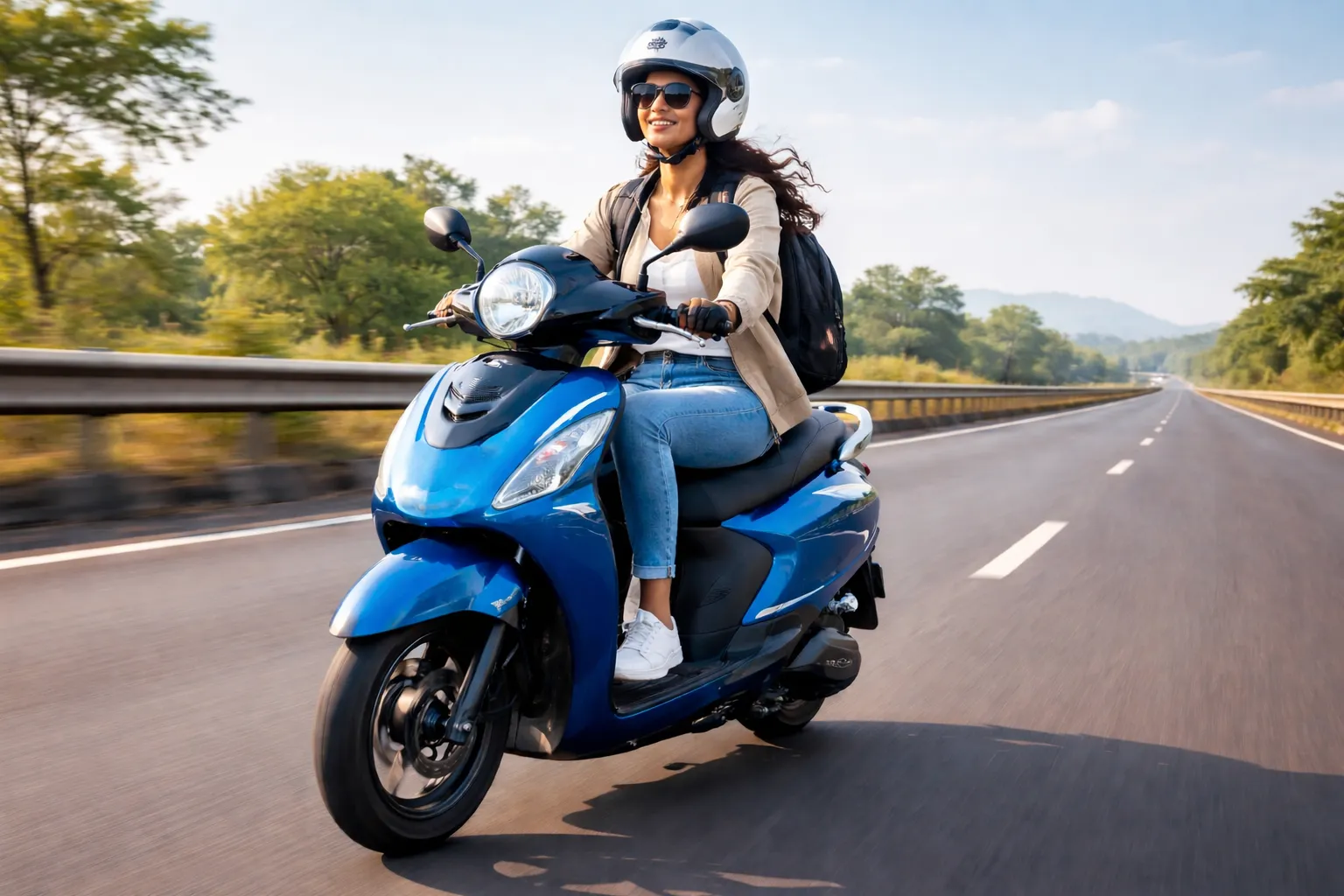 Yamaha Fascino 125 scooter in glossy new finish, parked on a road, showcasing sleek body design and modern headlamp."