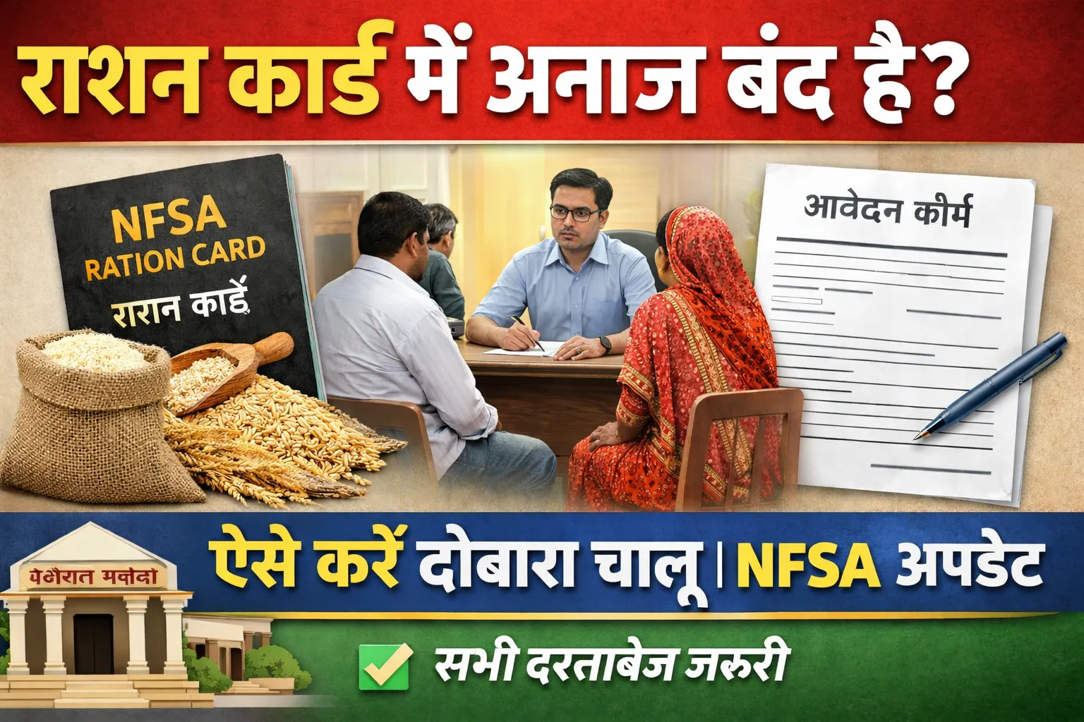 राशन कार्ड में अनाज बंद होने पर NFSA के तहत आवेदन प्रक्रिया दिखाता हुआ चित्र, जिसमें सरकारी कार्यालय में अधिकारी से बात करता परिवार, NFSA राशन कार्ड, अनाज की बोरी और आवेदन फॉर्म दिखाया गया है अगर चाहें तो मैं