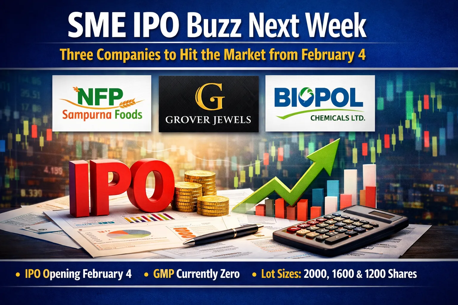 SME IPO news graphic showing NFP Sampurna Foods, Grover Jewels and Biopol Chemicals IPO opening from February 4, with IPO text, stock market chart, coins and upward growth arrow