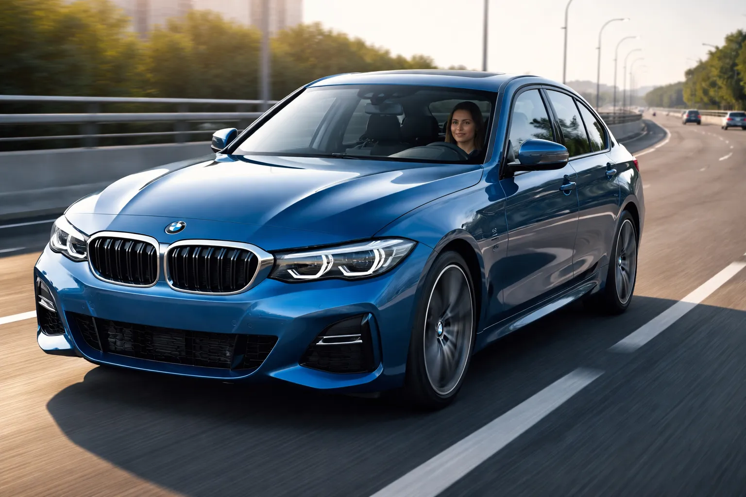 Alt text for the image: "A blue BMW 3 Series driving on a highway with a young woman at the wheel, sunny day, realistic motion, surrounded by trees and other vehicles in the distance."