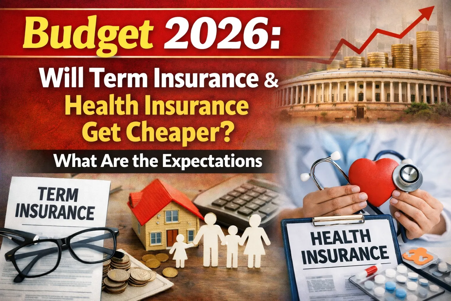Budget 2026 news graphic showing Term Insurance and Health Insurance symbols, Indian Parliament in the background, rising financial graph, and headline questioning whether insurance will become more affordable.
