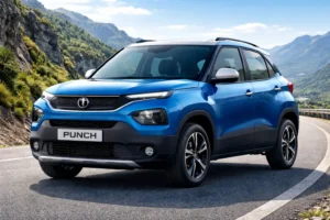 Tata Punch compact SUV front view in blue color on mountain road