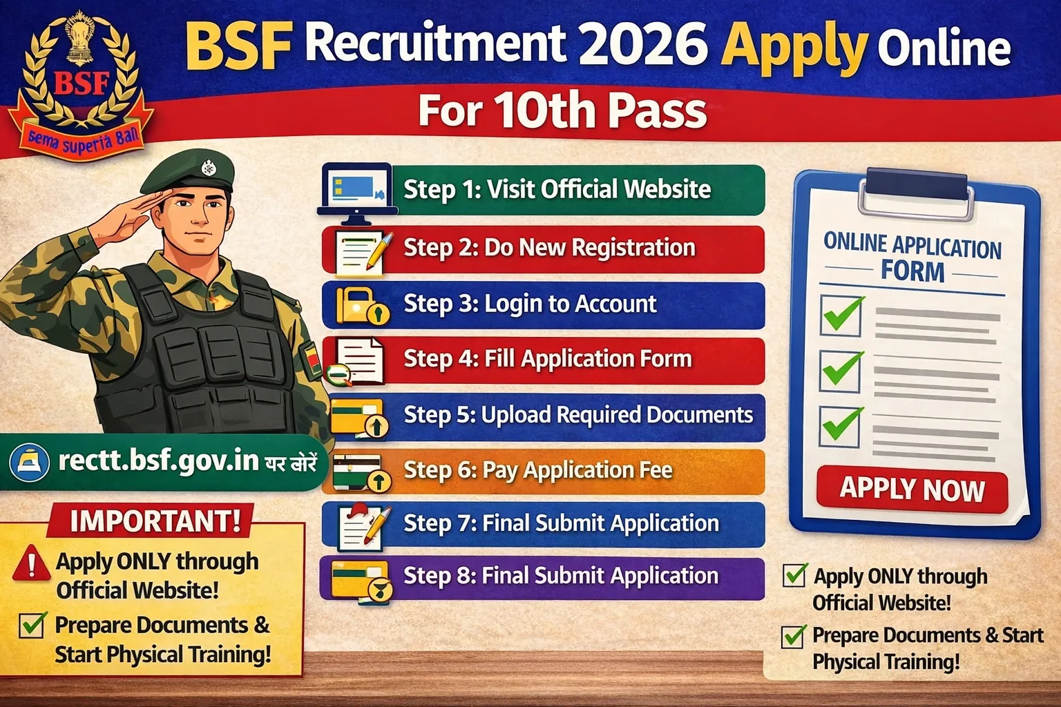 BSF Recruitment 2026 apply online banner for 10th pass candidates showing a BSF soldier, official logo, and clear step-by-step application process with “Apply Now” button on rectt.bsf.gov.in