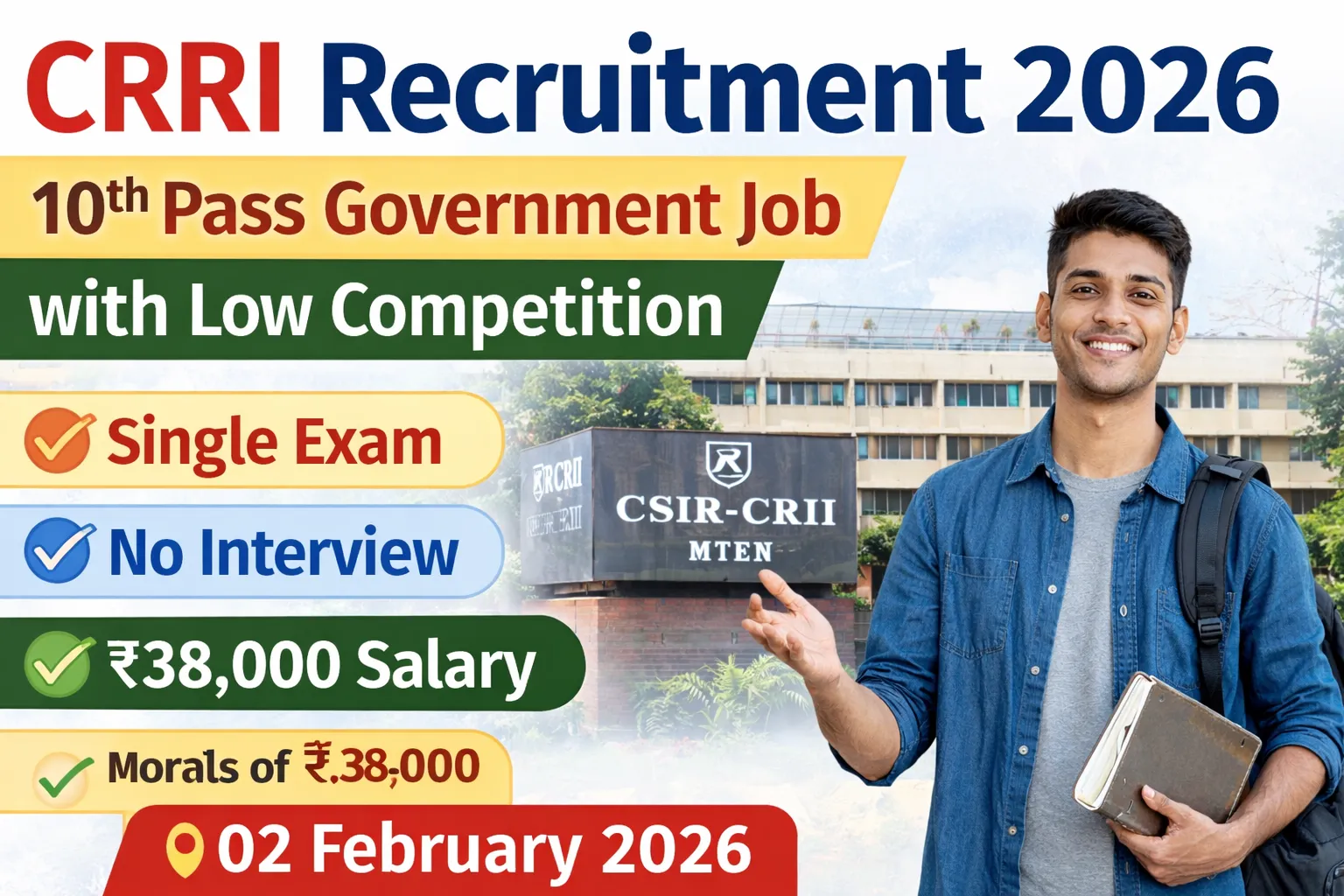 CRRI Recruitment 2026 banner showing 10th pass government job, single exam, no interview and ₹38,000 salary