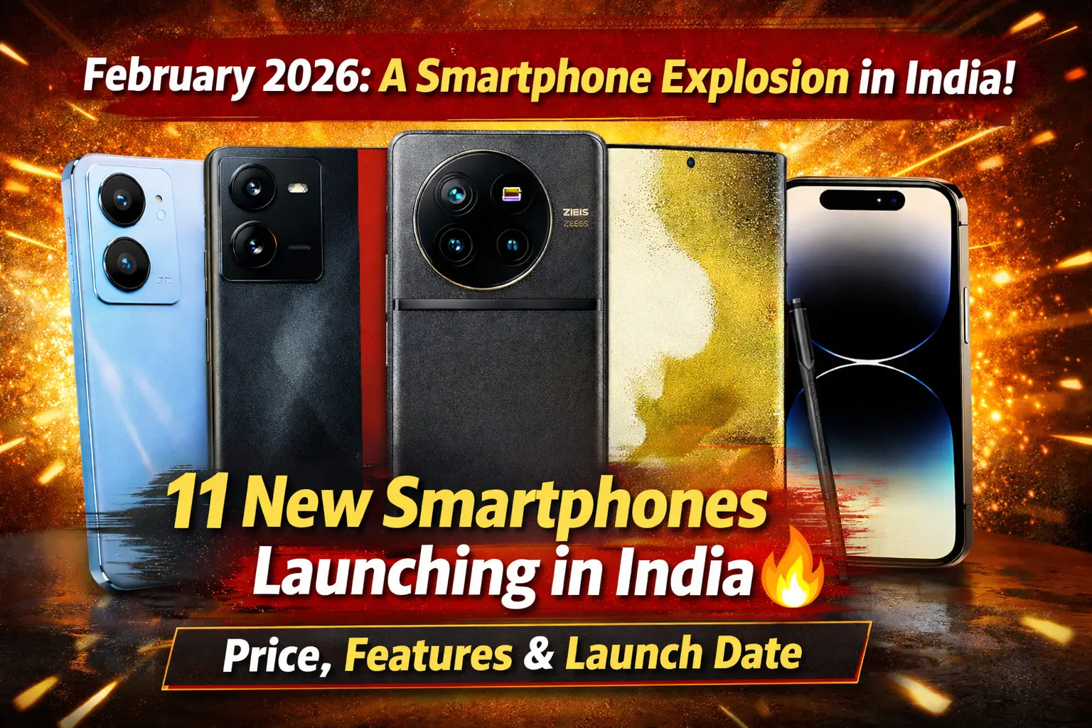 February 2026 upcoming smartphone launches in India featuring Realme, iQOO, Vivo, Samsung, Motorola, Nothing and Apple phones with price, features and launch date highlights.