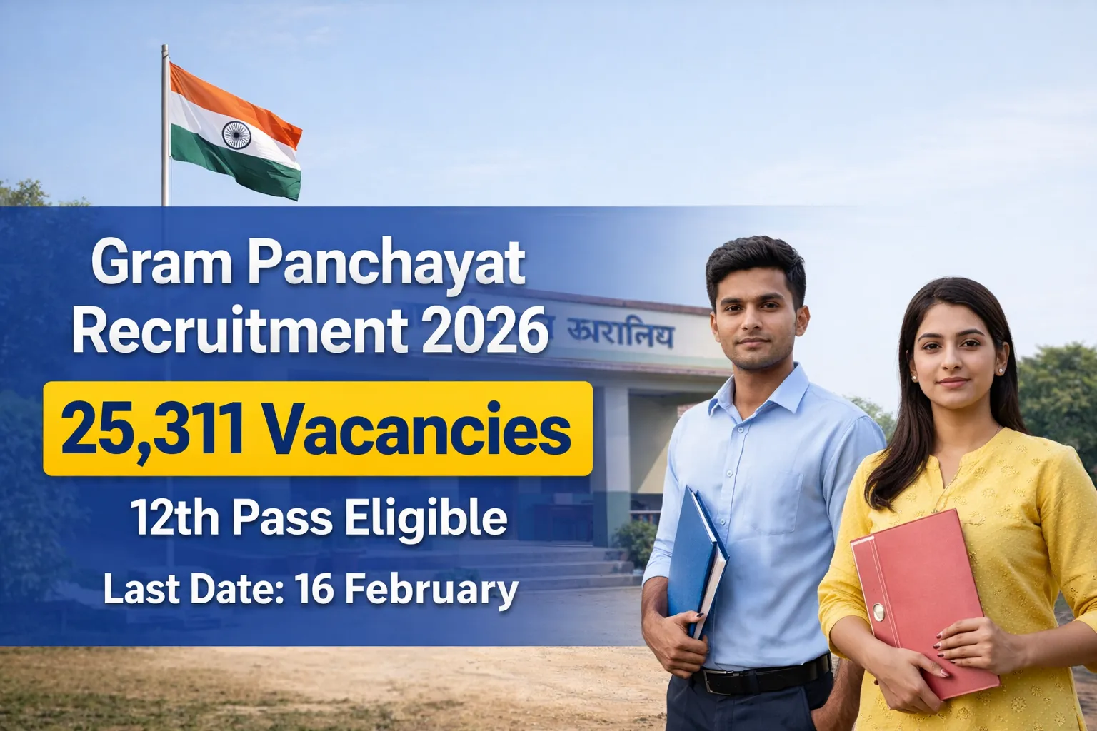 Gram Panchayat Recruitment 2026 thumbnail showing 25,311 vacancies, 12th pass eligibility, and last date 16 February with candidates standing in front of a Gram Panchayat office.