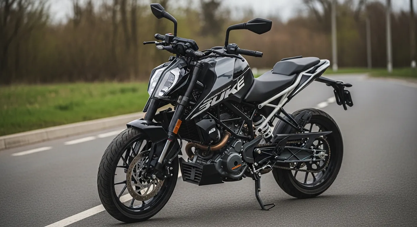Front view of KTM Duke 200 showing aggressive LED headlight, muscular fuel tank and streetfighter design for KTM Duke 200 Price Worldwide.