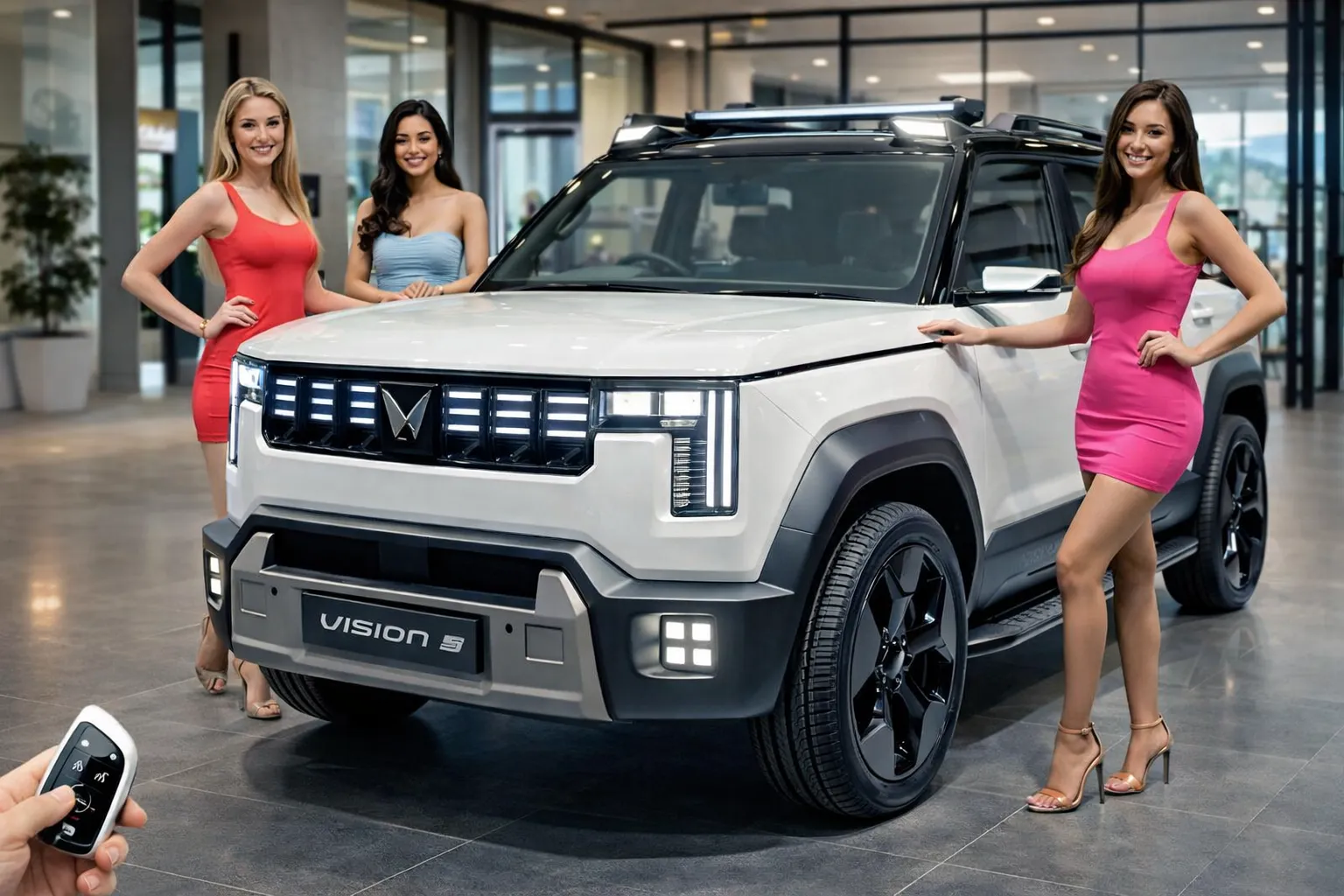 Mahindra Vision S SUV in glossy white parked inside a modern glass showroom, front three-quarter view, with stylish young women posing around the car, LED headlights on, black alloy wheels, premium showroom lighting and reflections on the floor.