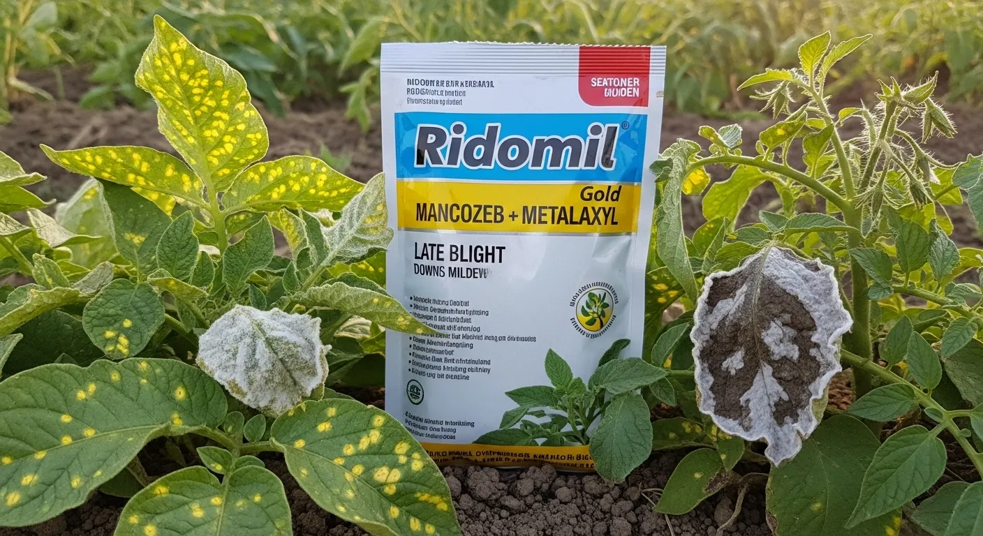 Mancozeb and Metalaxyl fungicide combination Ridomil Gold used for control of downy mildew and late blight in vegetable crops