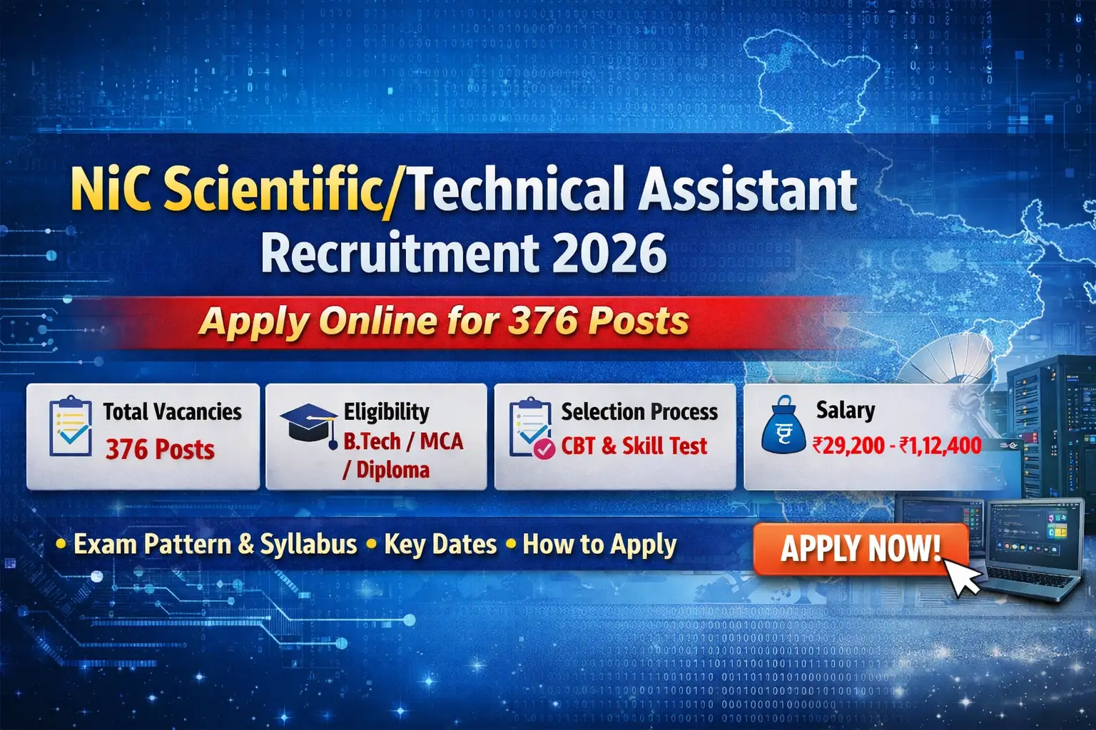 NIC Scientific/Technical Assistant Recruitment 2026 banner showing 376 vacancies, eligibility, salary and apply online details.