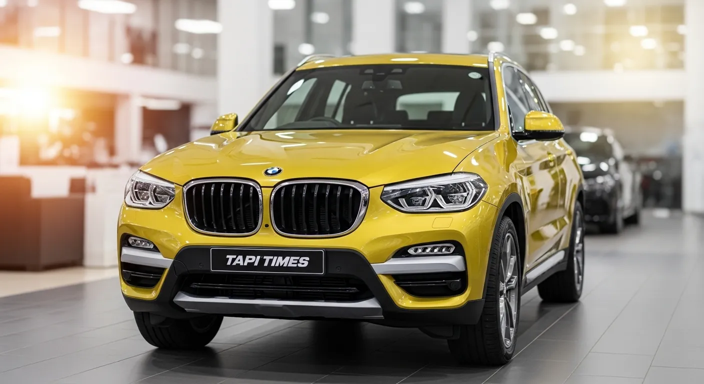 Yellow BMW X3 2026 front view with redesigned kidney grille and LED headlights