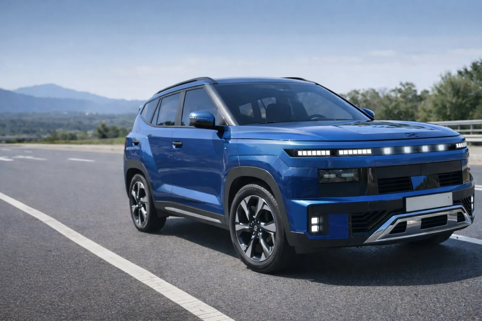 Blue color New Hyundai Creta SUV on road, modern design, LED headlights, sporty look, AI modified image