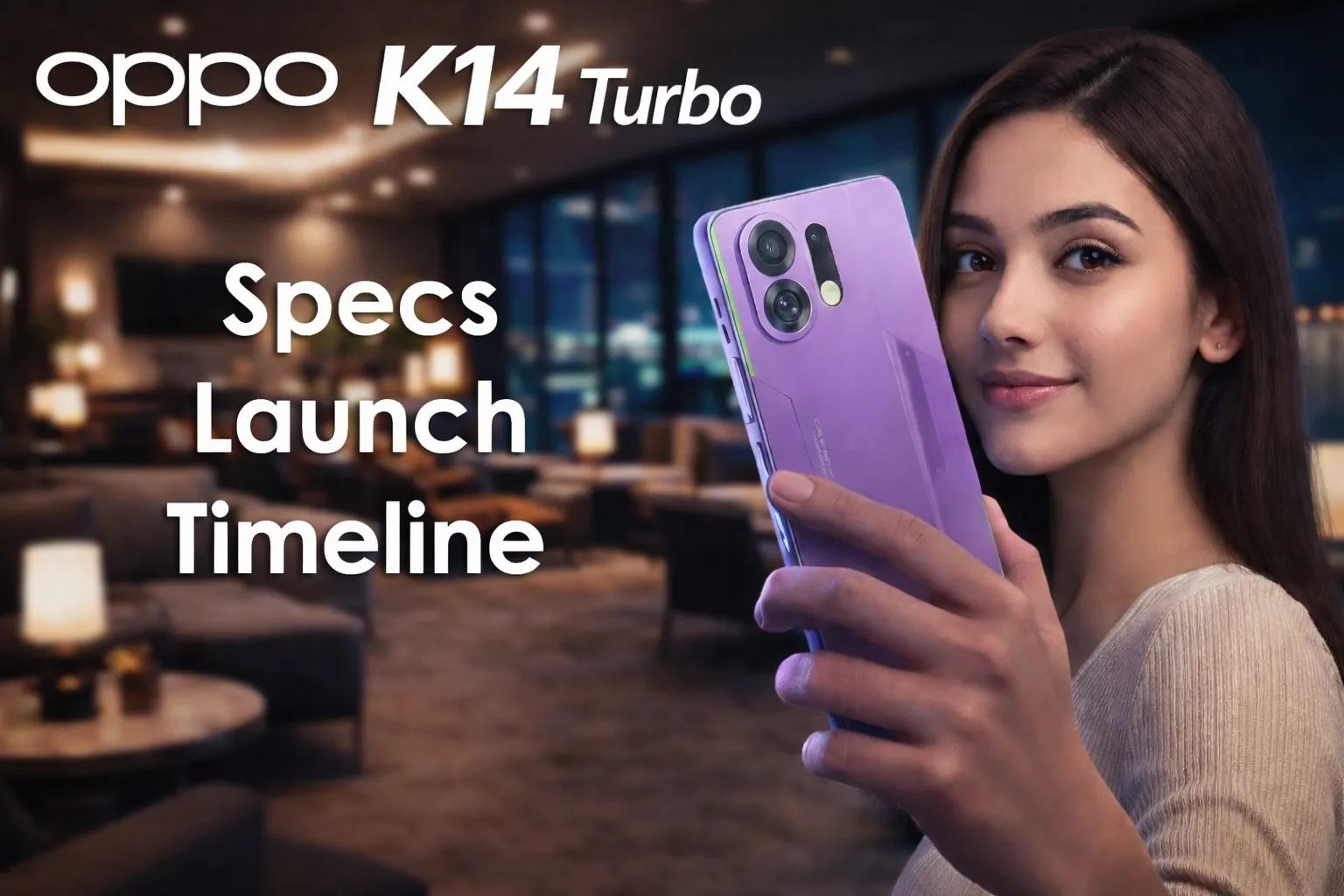 OPPO K14 Turbo स्मार्टफोन के साथ मॉडल, 120Hz AMOLED डिस्प्ले और 5G फीचर्स को दर्शाती प्रमोशनल इमेज