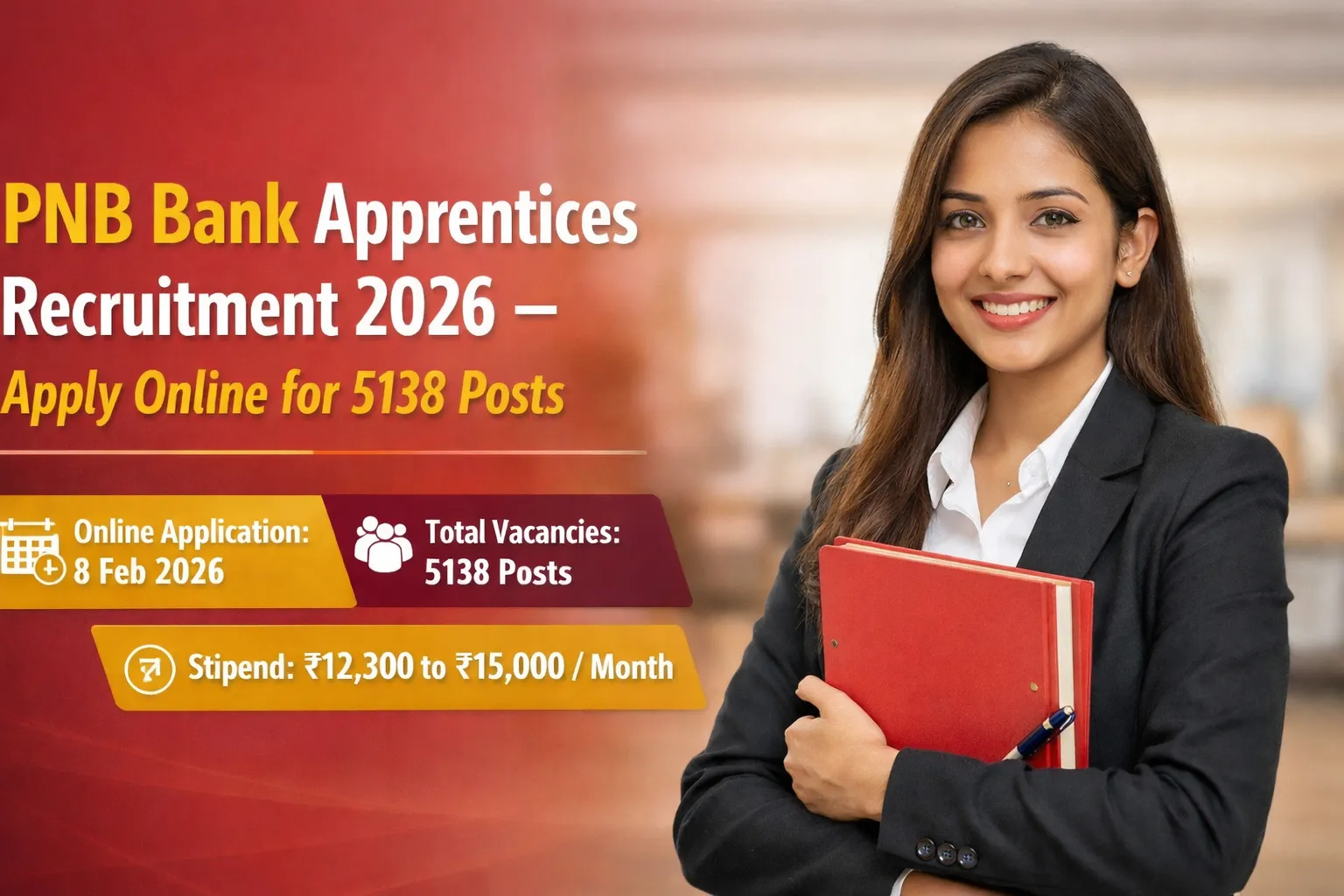 PNB Bank Apprentices Recruitment 2026 – Apply Online for 5138 Posts, Stipend ₹12,300 to ₹15,000, Professional Girl Holding Folder, Online Application Open 8 Feb 2026"