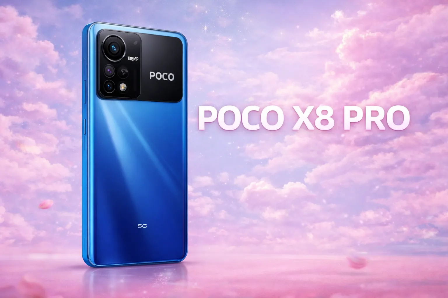 POCO X8 Pro blue color smartphone back design with 108MP camera on pink sky cloud background