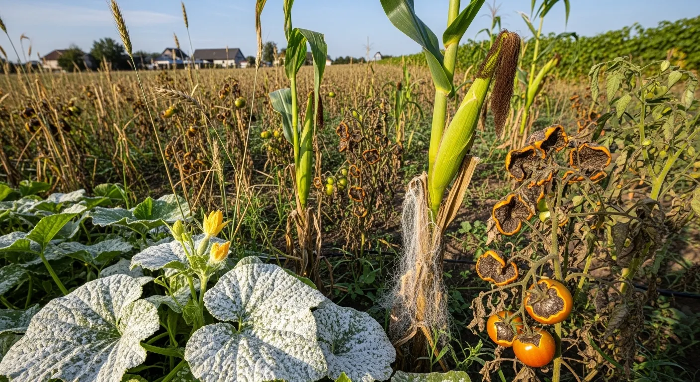 Powdery mildew fungal disease showing white powder-like coating on green crop leaves in dry weather conditions