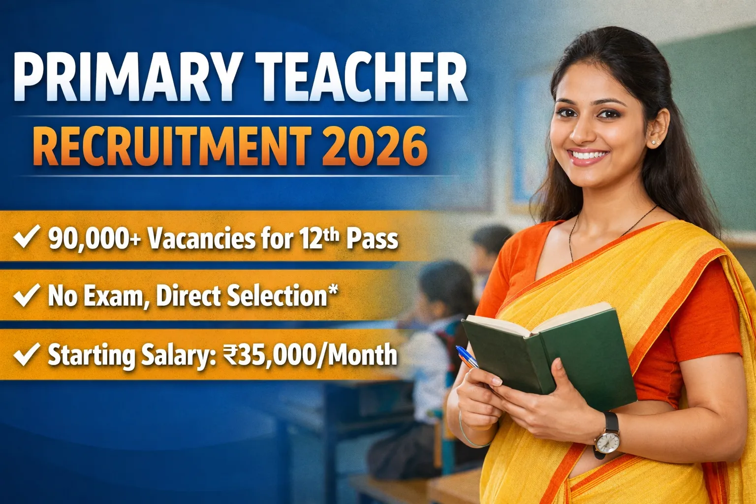 Primary Teacher Recruitment 2026 banner showing a female teacher holding a book in a classroom, highlighting 90,000+ vacancies for 12th pass candidates with starting salary ₹35,000 per month