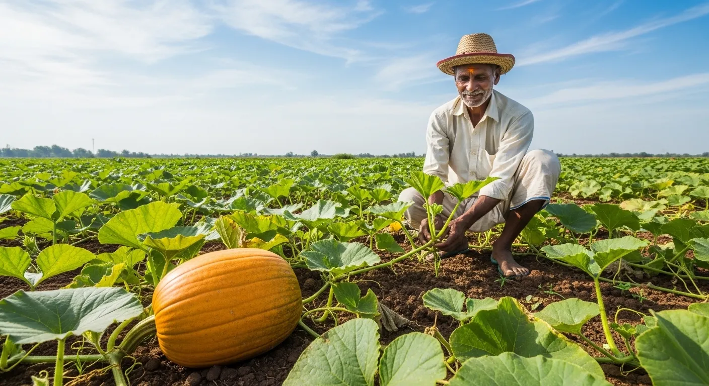 Close-up of ripe orange pumpkin on vine in agricultural field