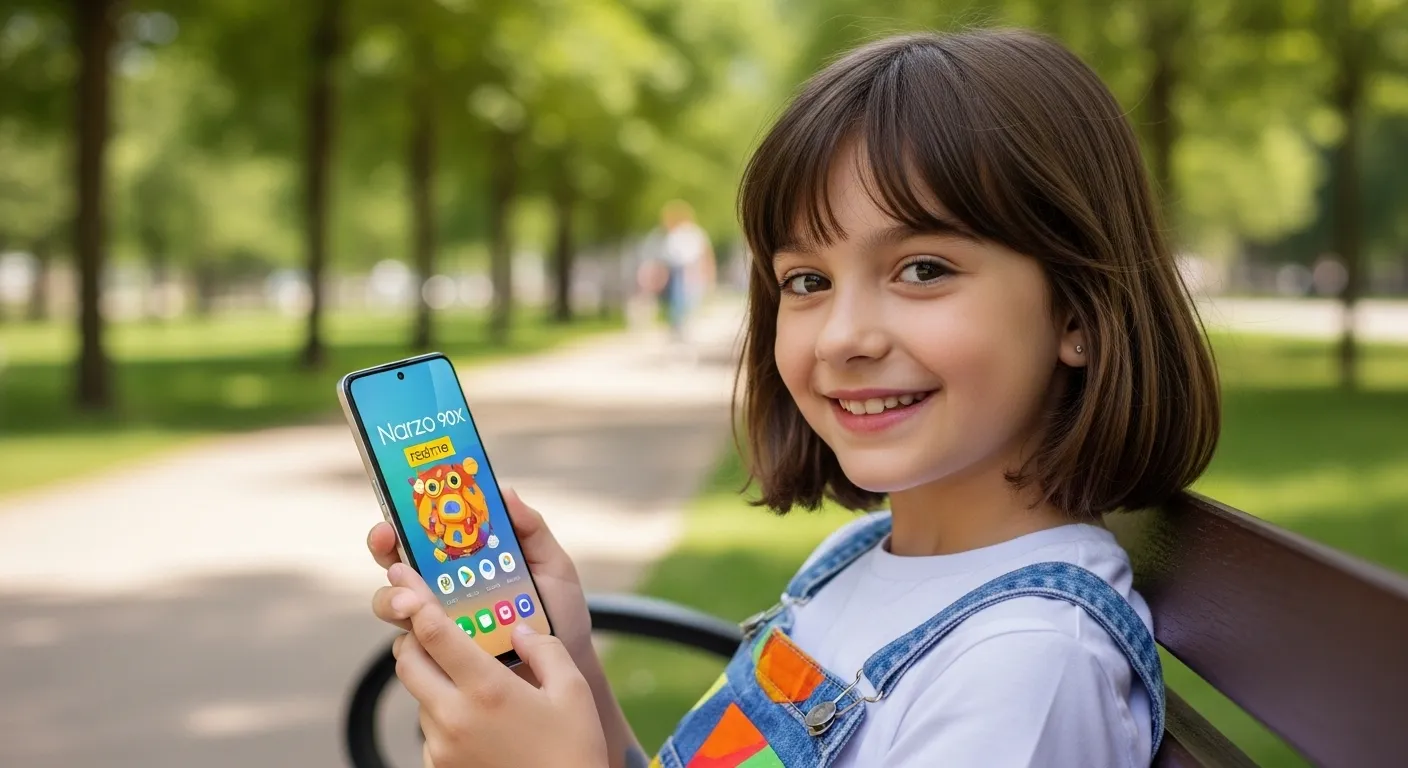 Realme Narzo 90X smartphone with 120Hz display and 50MP camera in premium design with girl Hand Look