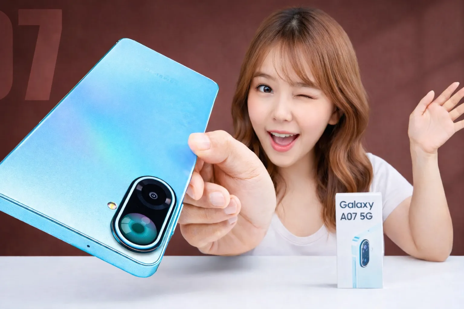 Cute girl smiling while holding Samsung Galaxy A07 5G smartphone with glossy back design