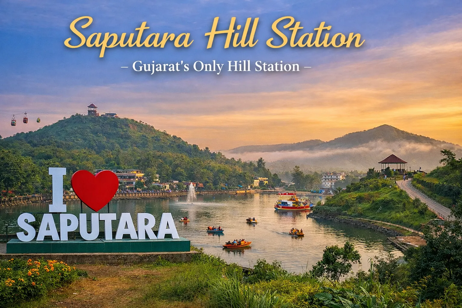 Saputara Hill Station lake view with I Love Saputara sign, boating activities and sunset hills in Gujarat