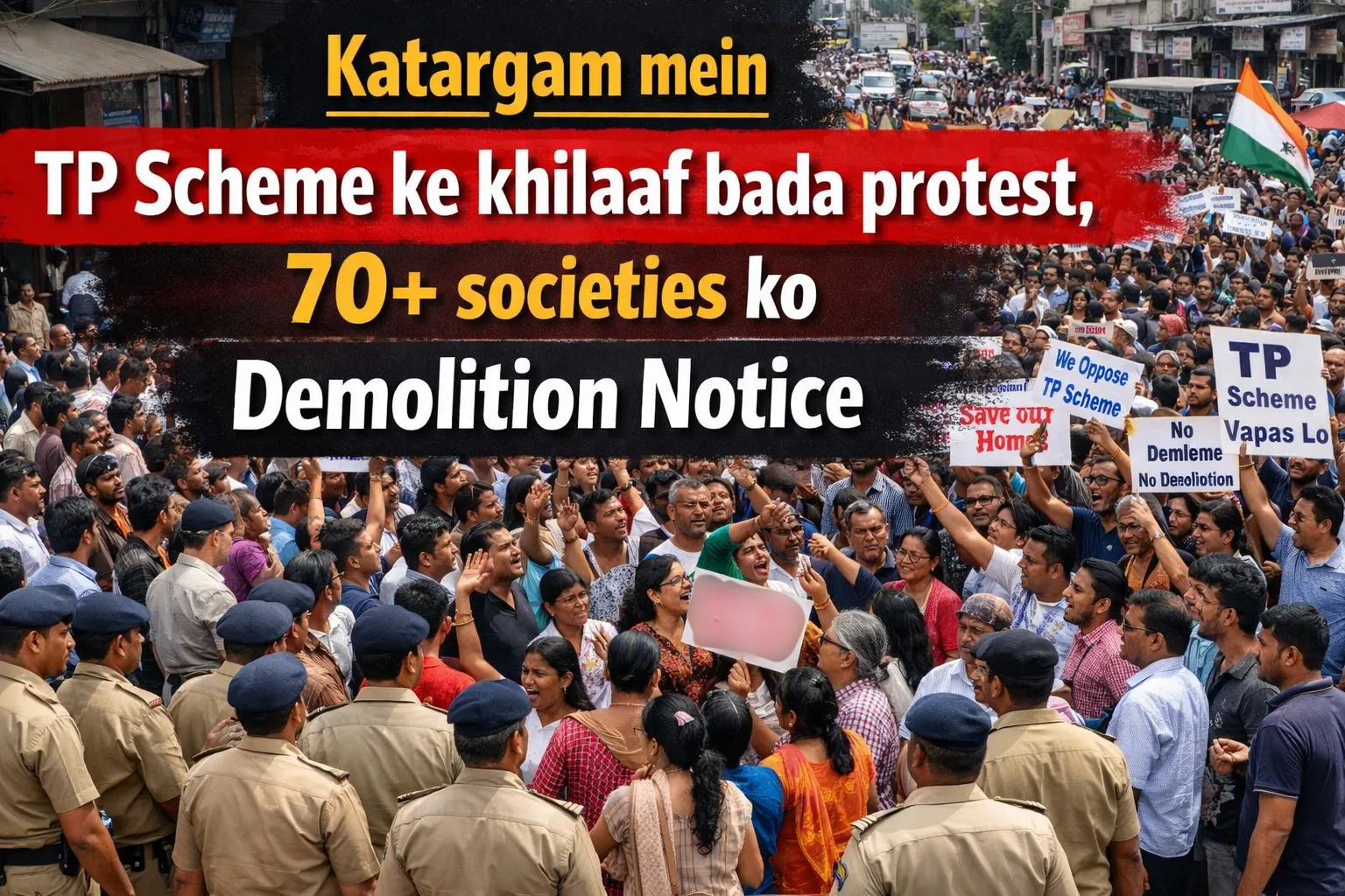 कटारगाम में टीपी स्कीम के खिलाफ बड़ा विरोध प्रदर्शन, 70 से अधिक सोसाइटियों को मिले डिमोलिशन नोटिस के विरोध में लोग सड़कों पर उतरे
