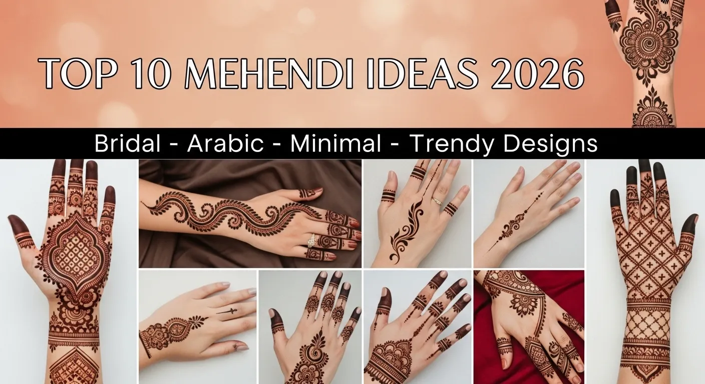 Top 10 Mehendi Ideas 2026 featuring bridal and arabic mehendi designs on hands