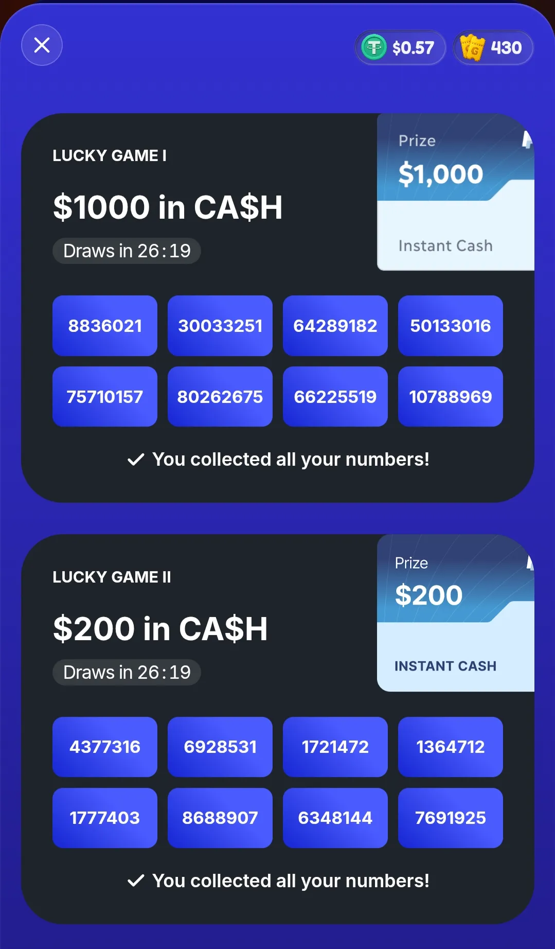 GAMEE $200 Instant Cash Lucky Game II screen showing collected numbers and active countdown timer