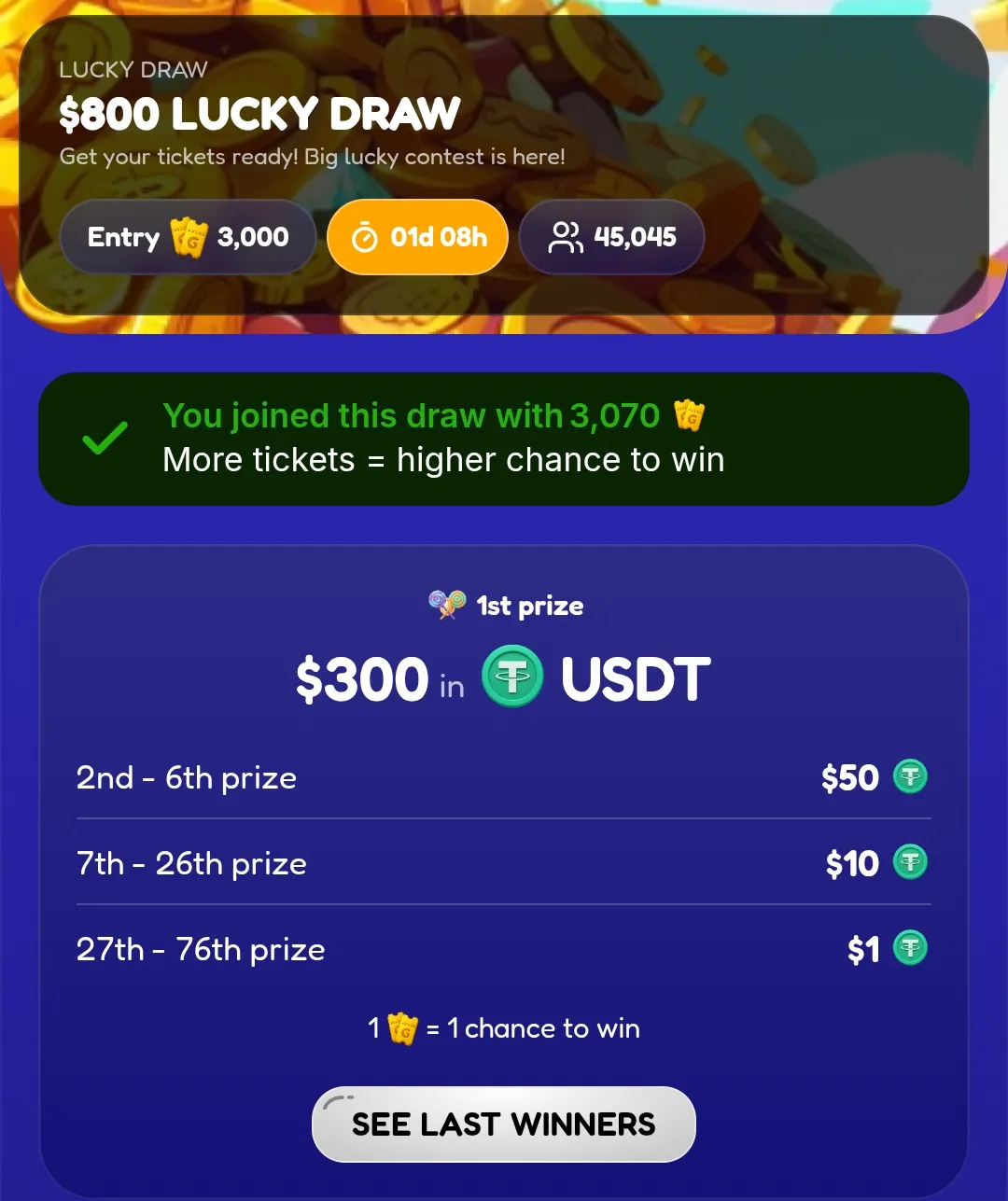 GAMEE $800 Lucky Draw contest showing $300 USDT first prize and multi-tier reward distribution