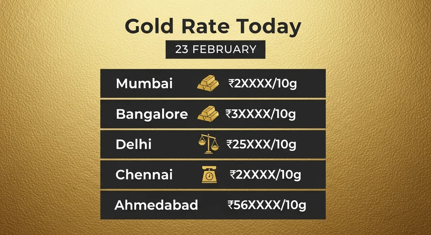 Gold rate today in India on 23 February 2026 showing 22 carat and 24 carat gold price per gram