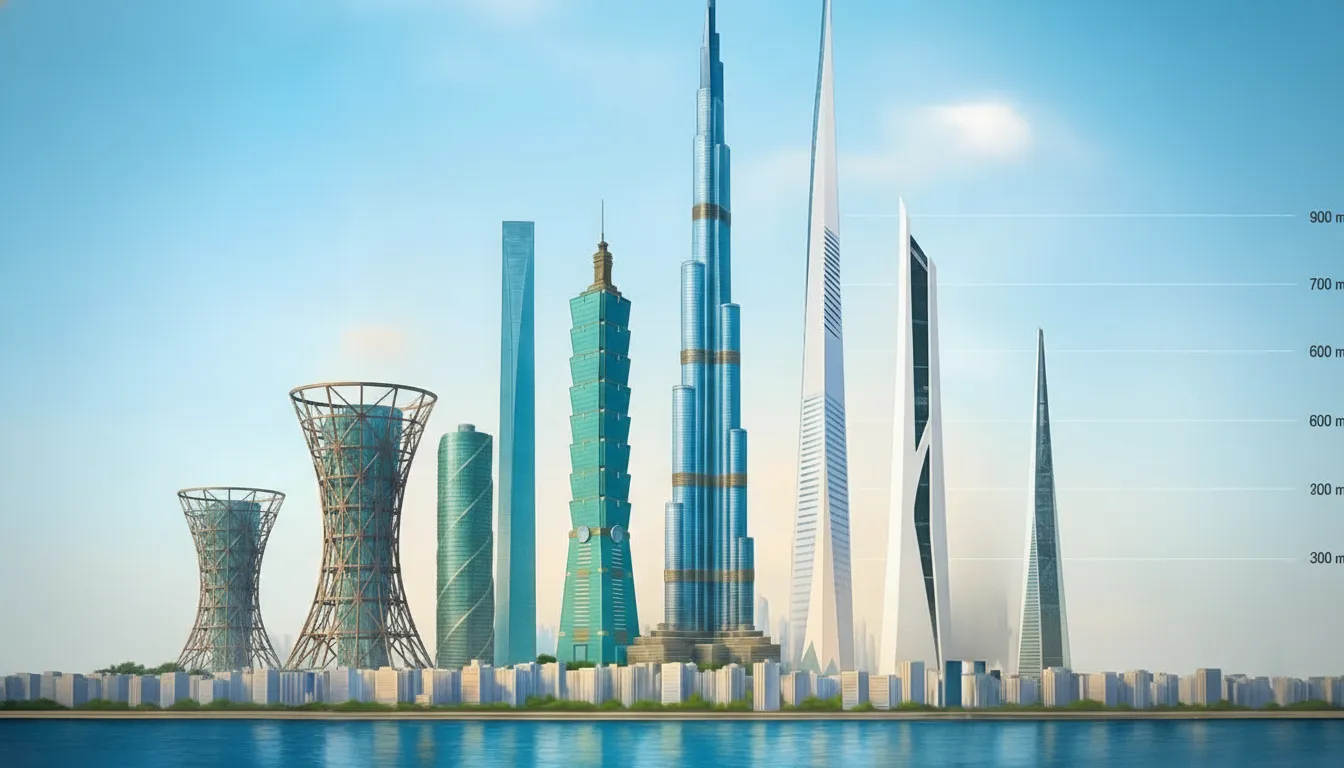 Panoramic skyline featuring the Top 10 tallest buildings in the world in 2026, including Burj Khalifa, Merdeka 118, Shanghai Tower, Makkah Royal Clock Tower, Ping An Finance Centre, Lotte World Tower, One World Trade Center, Guangzhou CTF Finance Centre, Tianjin CTF Finance Centre, and China Zun, with modern cityscape and sunrise-sunset lighting."