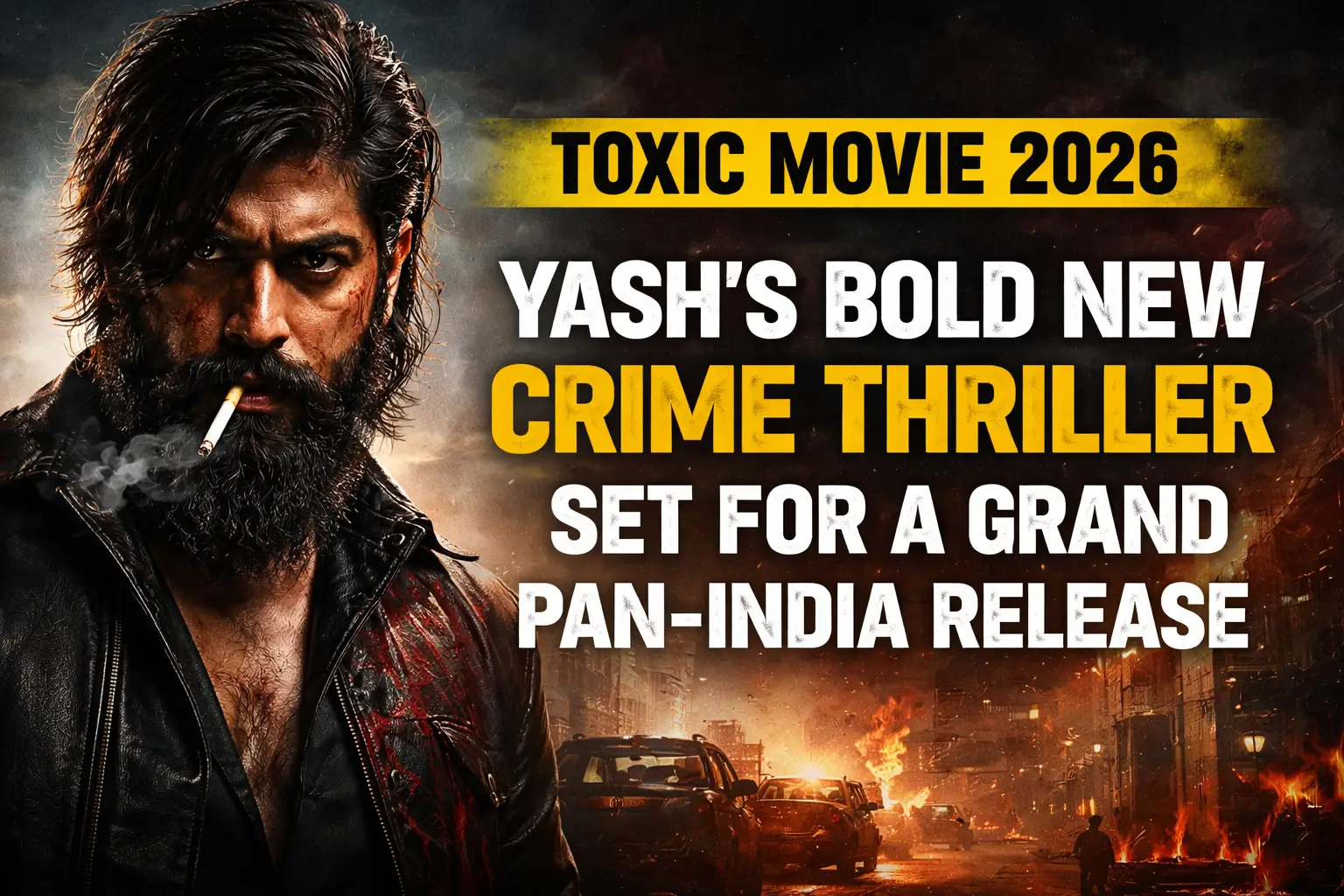 Yash intense look in Toxic Movie 2026 crime thriller poster with burning city background