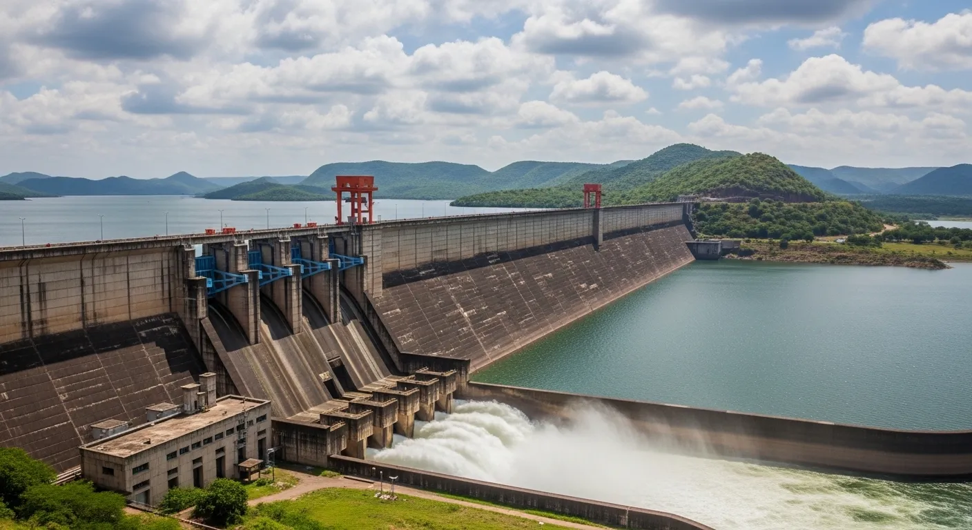 Ukai Dam reservoir view with flowing water and wide river landscape in Tapi district Gujarat
