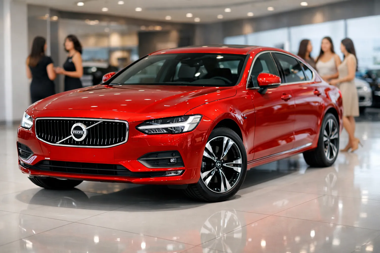 Volvo S90 premium luxury sedan in glossy blue finish showcased inside a modern automobile showroom