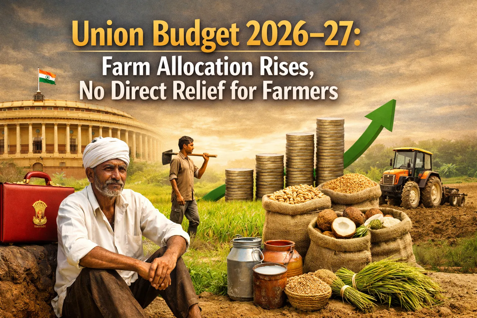 Rural Indian farmer sitting in a field with crops, farm produce bags, milk cans and a tractor, with rising coin stacks and an upward arrow symbolizing increased agriculture budget, Parliament building in the background representing Union Budget 2026–27 and no direct relief for farmers.