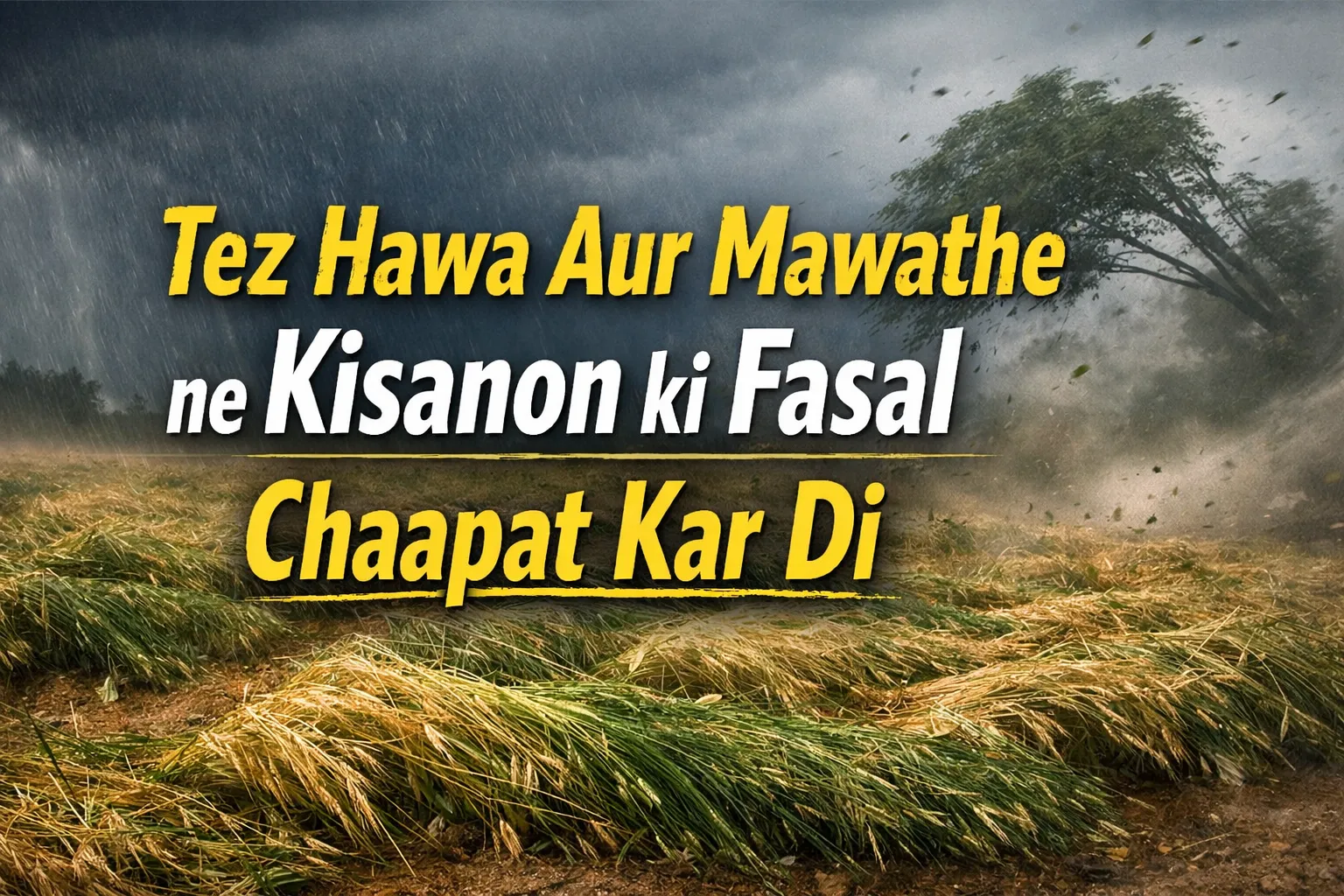 Tez hawa aur mawathe ke baad khet mein bichi hui gehu ki fasal, aandhi-barish se kisanon ko bhari nuksaan.