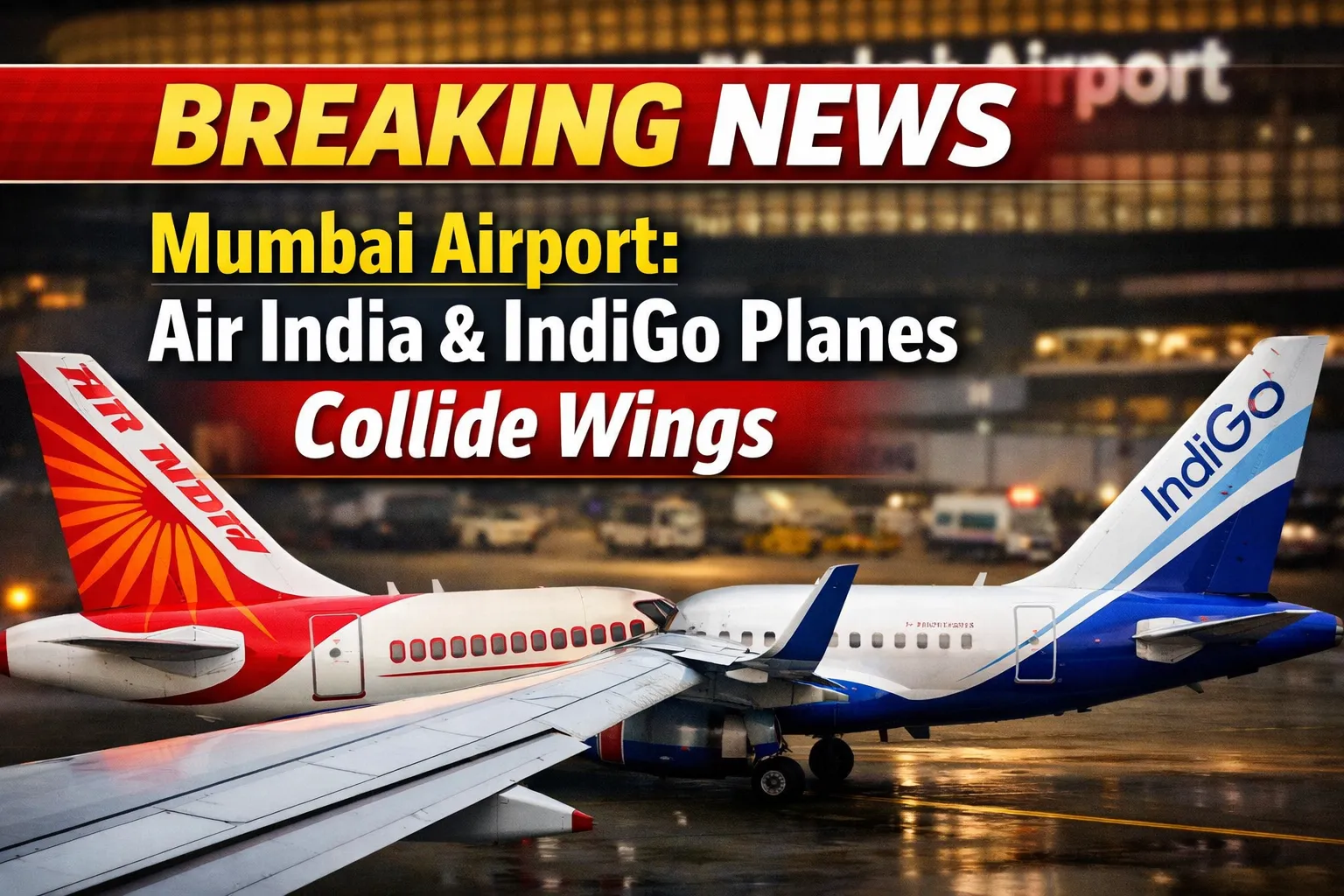 Mumbai Airport breaking news image showing Air India and IndiGo aircraft with wingtips colliding during ground movement, all passengers reported safe.