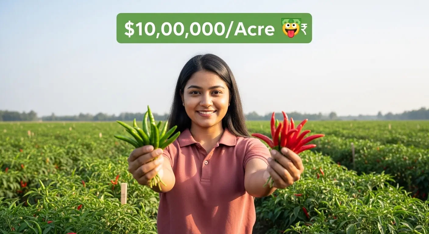 high yield hybrid chilli farming india farmer showing heavy fruiting mirchi crop field green chilli production per acre