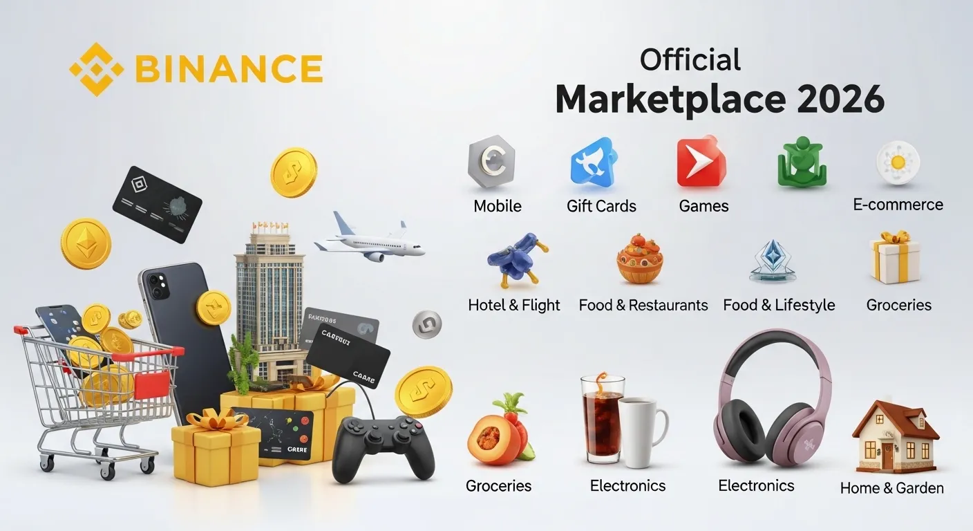 Binance Marketplace 2026 Banner Showing All Categories Like Mobile, Games, Travel, Electronics, Food, Fashion, Groceries, Home & Garden
