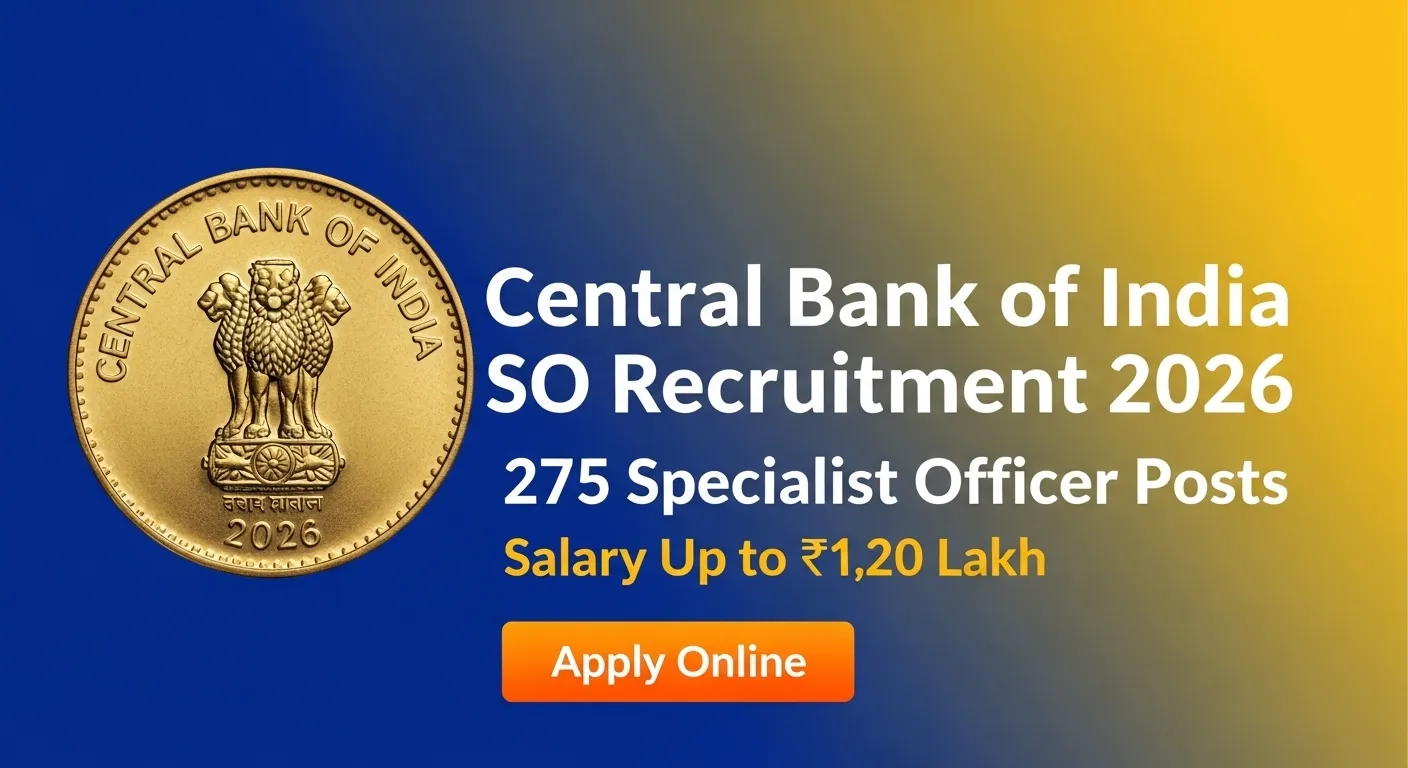 Central Bank of India Specialist Officer Recruitment 2026 for 275 posts including IT Officer, Software Developer and Risk Manager with salary up to ₹1.20 lakh