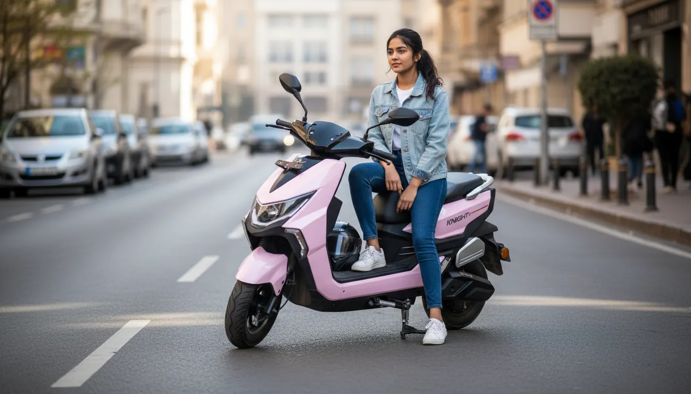 Woman riding ZELO Knight+ Rani Edition electric scooter with 100km range