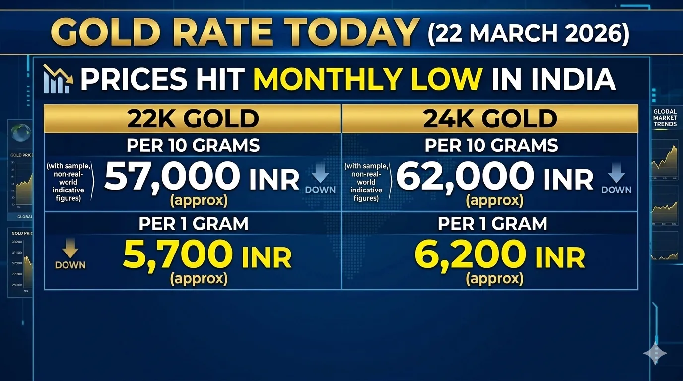 An informative digital graphic displaying gold rates in India for 22 March 2026. The headline reads "GOLD RATE TODAY" and "PRICES HIT MONTHLY LOW IN INDIA." The image is divided into two sections for 22K and 24K gold, showing prices per 1 gram and 10 grams in INR with downward arrows indicating a price drop. The background features a blue professional theme with global market trend charts.