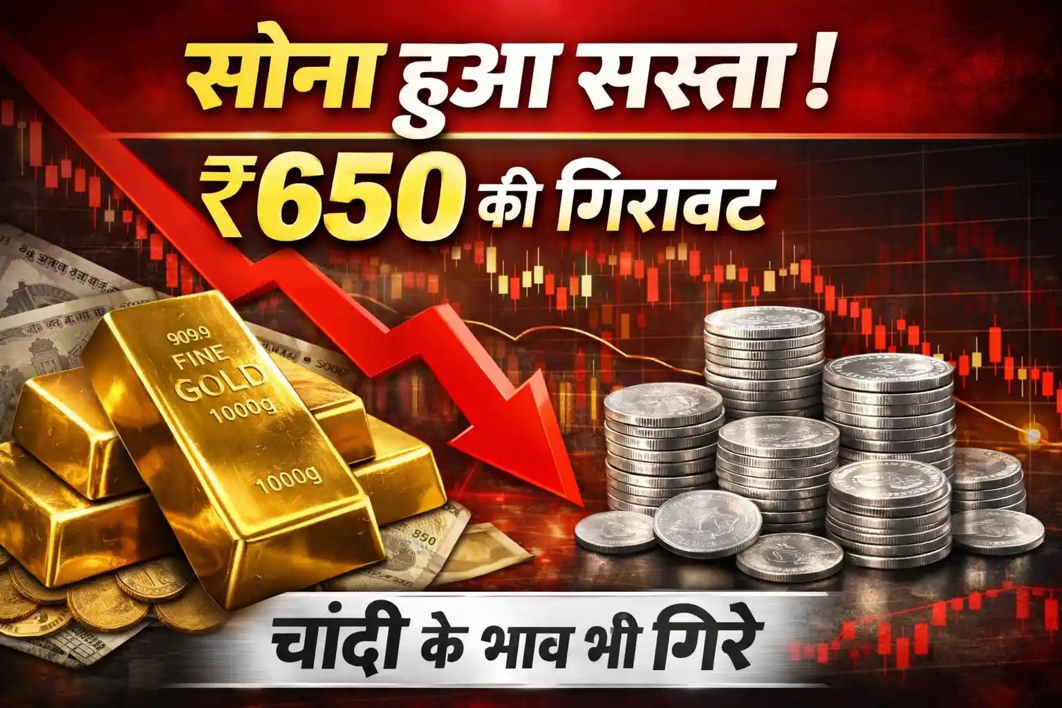 सोने और चांदी की कीमतों में गिरावट दिखाता न्यूज़ ग्राफिक, जिसमें गोल्ड बार, सिल्वर कॉइन और ₹650 की गिरावट को दर्शाया गया है।
