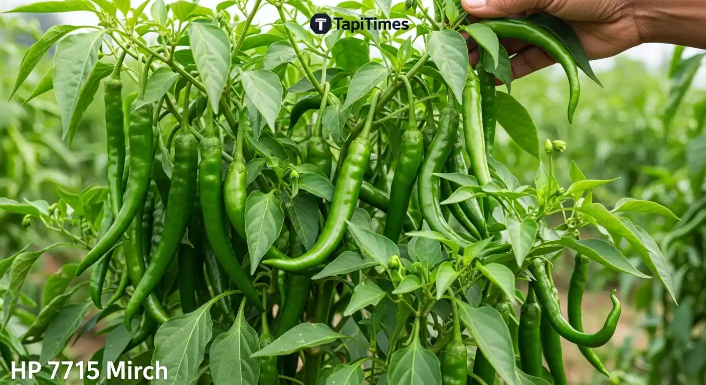 HP 7715 hybrid chilli variety farmer holding seed packet in green chilli field high yield mirch farming India
